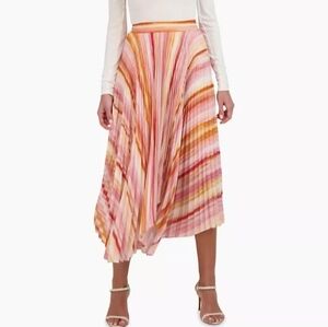BCBGMAXAZRIA Plisse-pleated midi skirt rainbow multicolor asymmetric hem Size XS